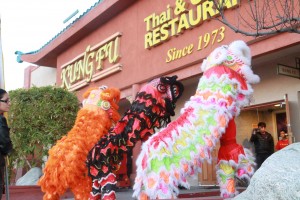 Chinese Lion dance martial art performers in China Town Las Vegas Kung Fu Restaurant